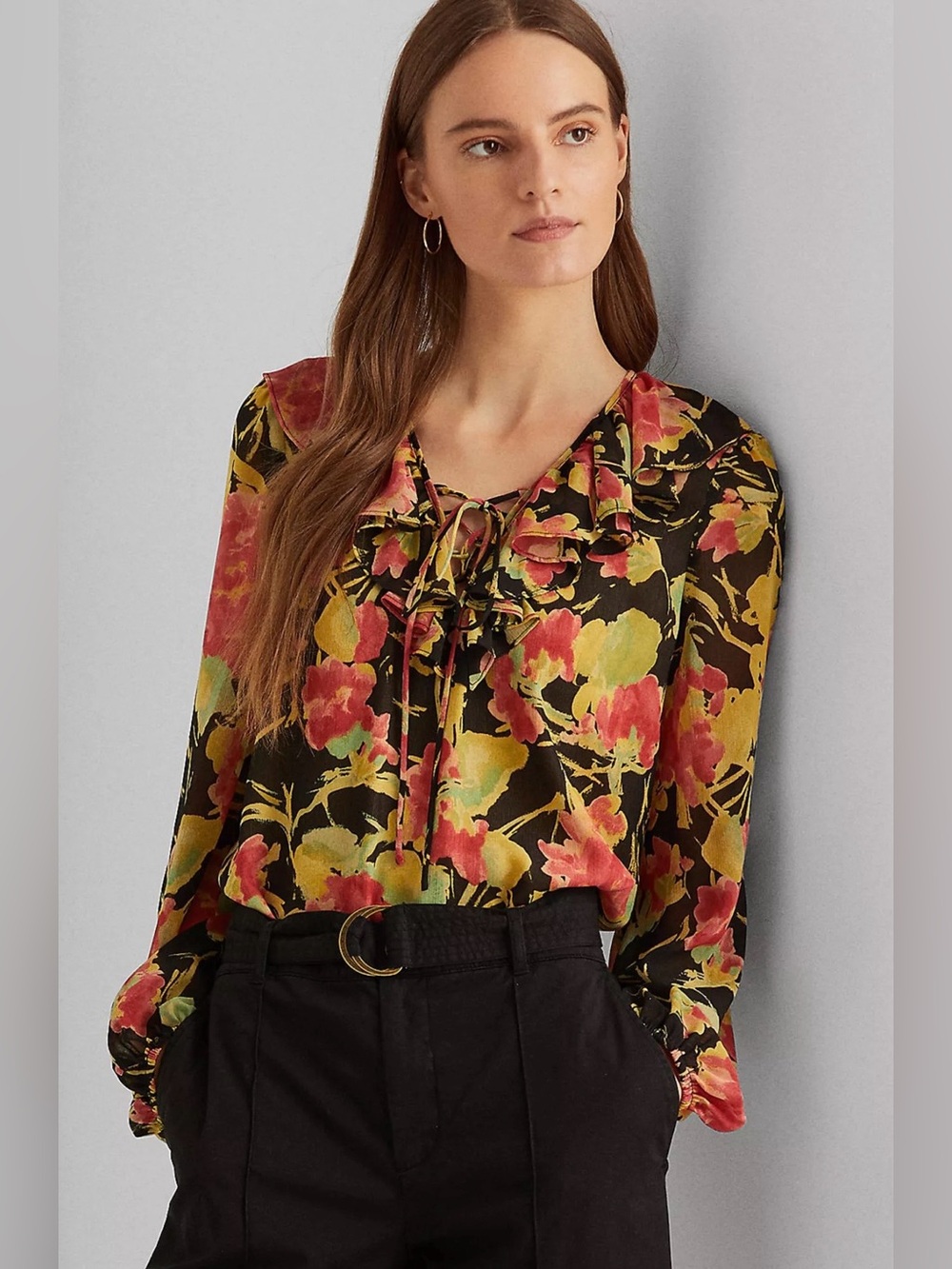 Ralph Lauren - Romantic Floral Crinkle Georgette Puffed Sleeve Blouse